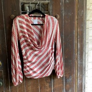 Finley | SILK Cowl Neck Blouse red/white print Puff Sleeve